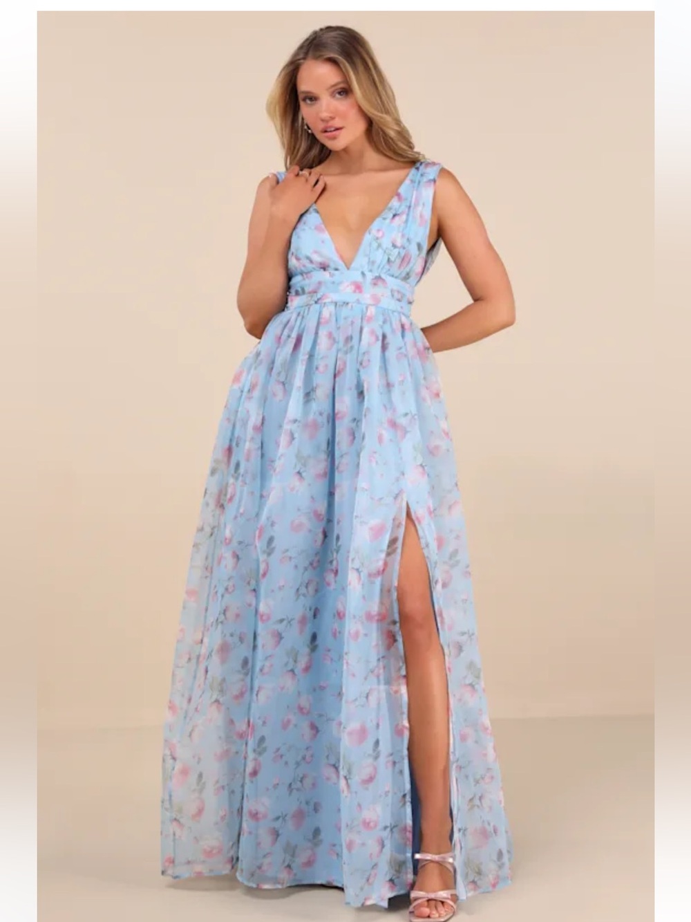 Lulus Garden Romance Light Blue Floral Print Dress Maxi Gown Deep V Organza